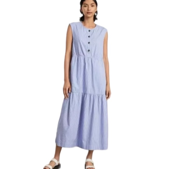 Everlane The Tiered Blue & White Striped Poplin Sleeveless Maxi Dress - XS - Picture 4 of 16